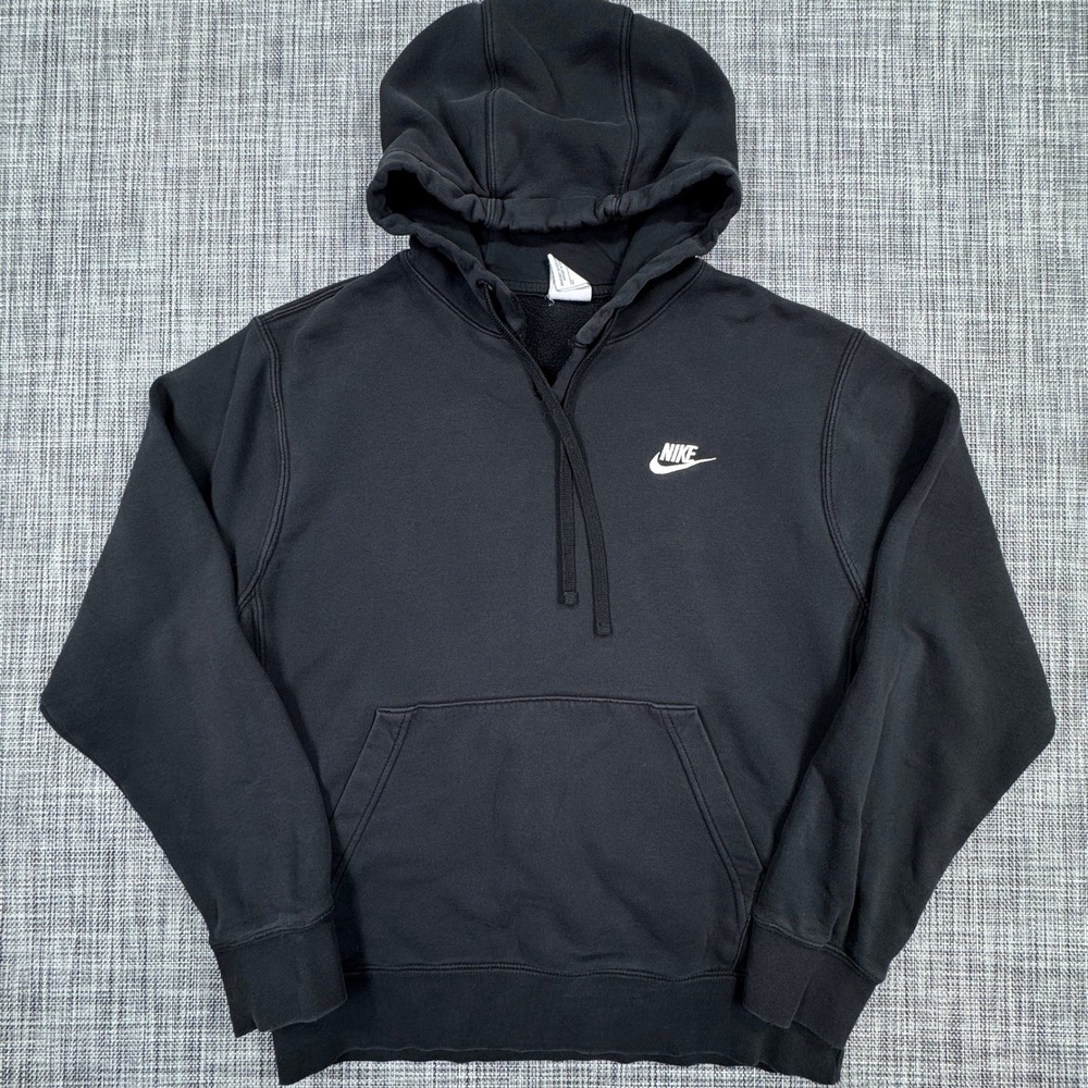 Nike Hoodie Mens Small Black Embroidered Swoosh Pullover Pouch Pocket Cut Neck